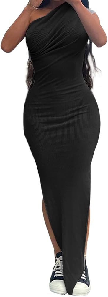 Halfword One Shoulder Dress for Women Ribbed Bodycon Ruched Sleeveless High Split Cocktail Party ... | Amazon (US)