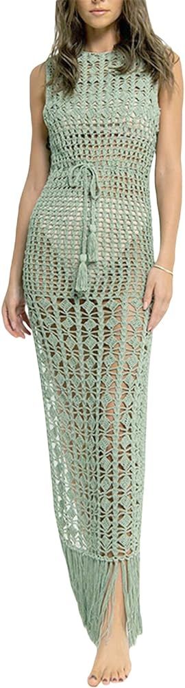 Women See Through Sleeveless Swimwear Sexy Crochet Dress Fringe Hem Cover Up Summer Long Maxi Bea... | Amazon (US)