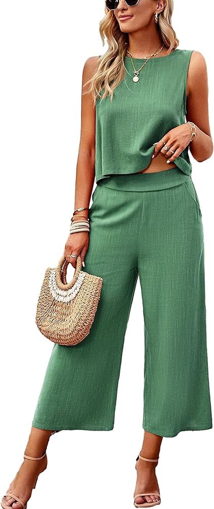 HangNiFang Womens Summer Casual 2 Piece Outfits Round Neck Crop Top Cropped Wide Leg Pants Jumpsu... | Amazon (US)