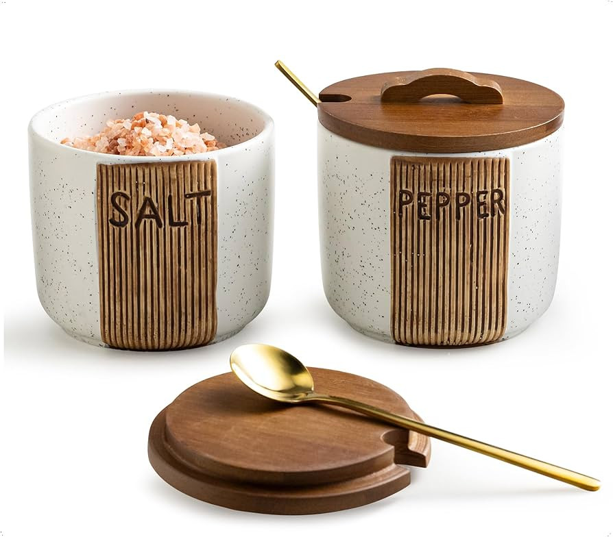 Salt and Pepper Bowl Ceramic, 10 Oz Salt and Pepper Cellar with Lid and Spoon, Farmhouse Salt Con... | Amazon (US)
