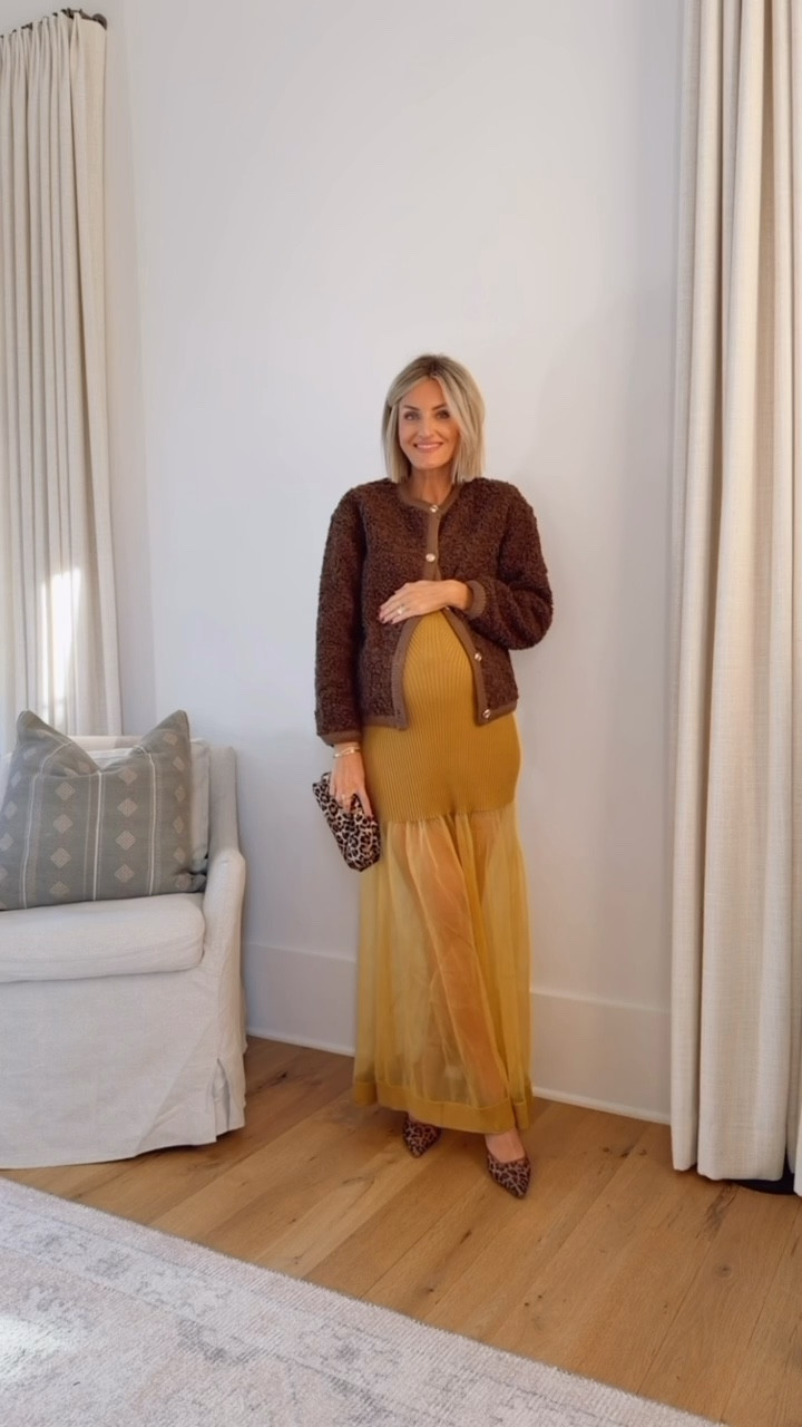 I love adding in brown to this look! This Amazon sweater adds a cozy layer but is still elevated with the gold buttons! The leopard heels and clutch make this outfit perfect for a date night! Wearing size S in the dress and jacket! 

Loverly grey, Anthropologie, Loeffler Randall, Amazon, Nordstrom, fall date night, outfit inspo, bump friendly 

#LTKSeasonal #LTKStyleTip #LTKBump