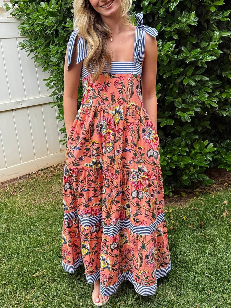 Women Slip Dress, Sleeveless Tie-Up Stripes Floral Dress Loose Summer Long Dress For Cocktail Par... | SHEIN