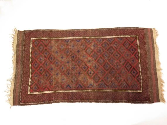 Antique vintage Belouchi Persian Oriental rug low pile 6'8" X 3'5" dark brown red | Etsy (US)
