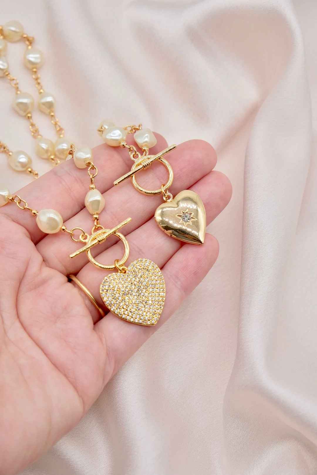 Pearl Necklace Gold Heart Necklace Locket Necklace 18K Gold - Etsy | Etsy (US)