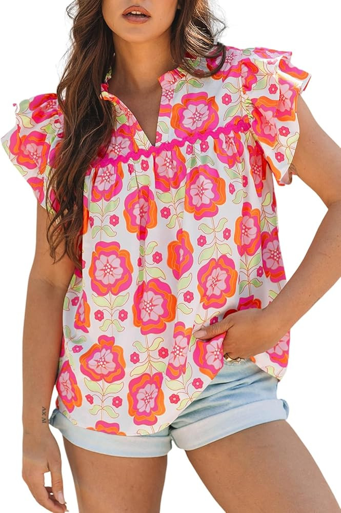 Dasimutko Womens Floral Dresses Sundress Rose Floral Ruffled Sleeve RIC-rac Trim Split Neck Loose... | Amazon (US)