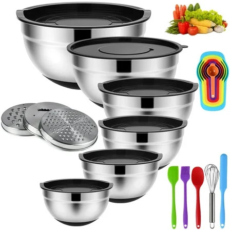 TINANA 26PCS Stainless Steel Mixing Bowls with Lids Set, Nesting Mixing Bowl Set with Non-Slip Bottom Graters Tools Gadgets, 7/4/3.5/2.5/2/1.5QT Metal Salad Bowls for Serving Prepping Baking, Black | Walmart (US)