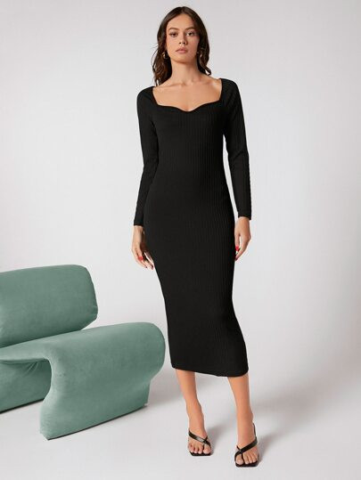 SHEIN BIZwear Solid Rib-knit Sweetheart Neck Bodycon Dress | SHEIN