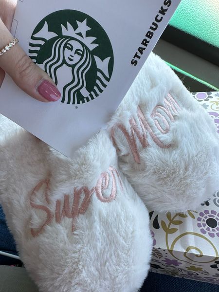 Super Mom Slippers and a Starbucks Gift card - the perfect Mother’s Day gift 🎁 

Mother’s Day | Gift Guide

Great for any mom, any time! 

Also linked - Ettika Gold Ring Stacks, Starbucks Gift Card. 

#LTKSeasonal #LTKGiftGuide #LTKfamily