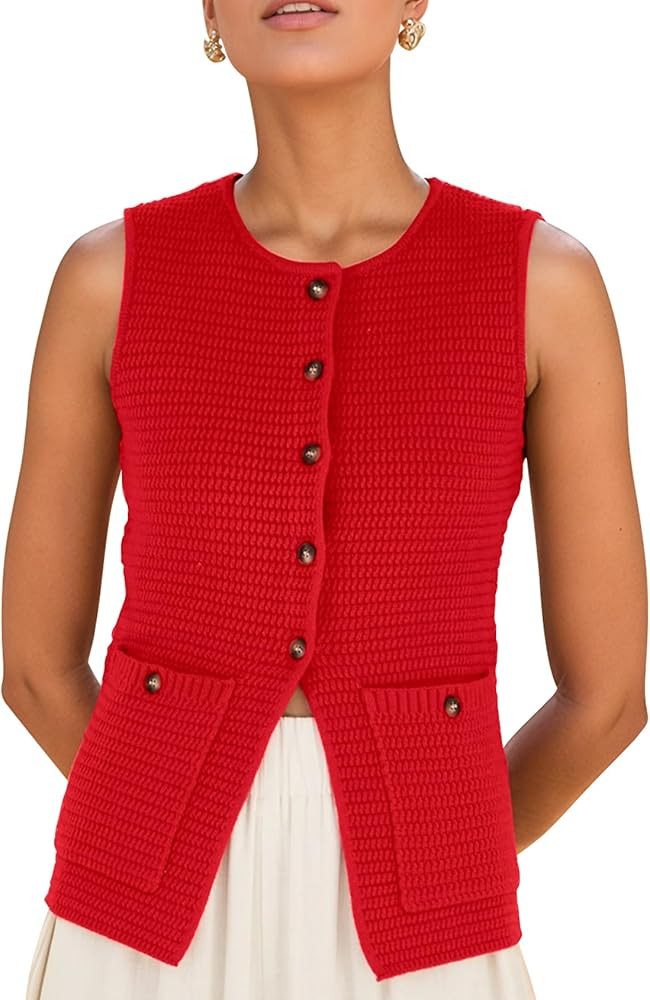Womens Crochet Chunky Knit Top Sleeveless Button Down Tops Trendy Cardigan Sweater Vest for Women... | Amazon (US)