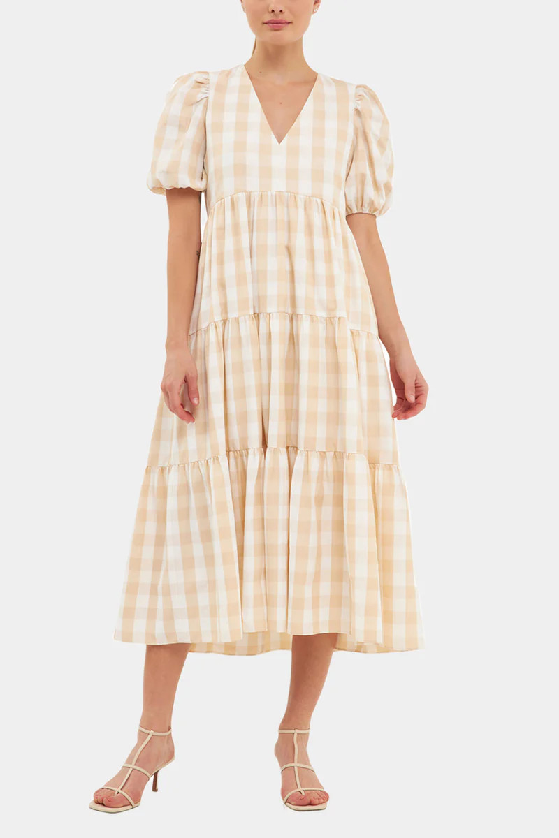 Gingham Puff Sleeve Tiered Midi Dress | Lord & Taylor