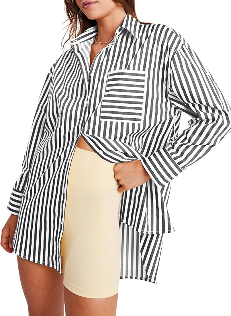 ZAFUL Women's Striped Button Down Shirts Long Sleeve Stylish V Neck Blouses Tops with Pockets | Amazon (US)