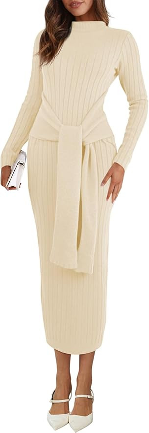 Saodimallsu Womens Long Sleeve Midi Sweater Dress Bodycon Mock Neck Ribbed Knit Tie Waist Fall Lo... | Amazon (US)