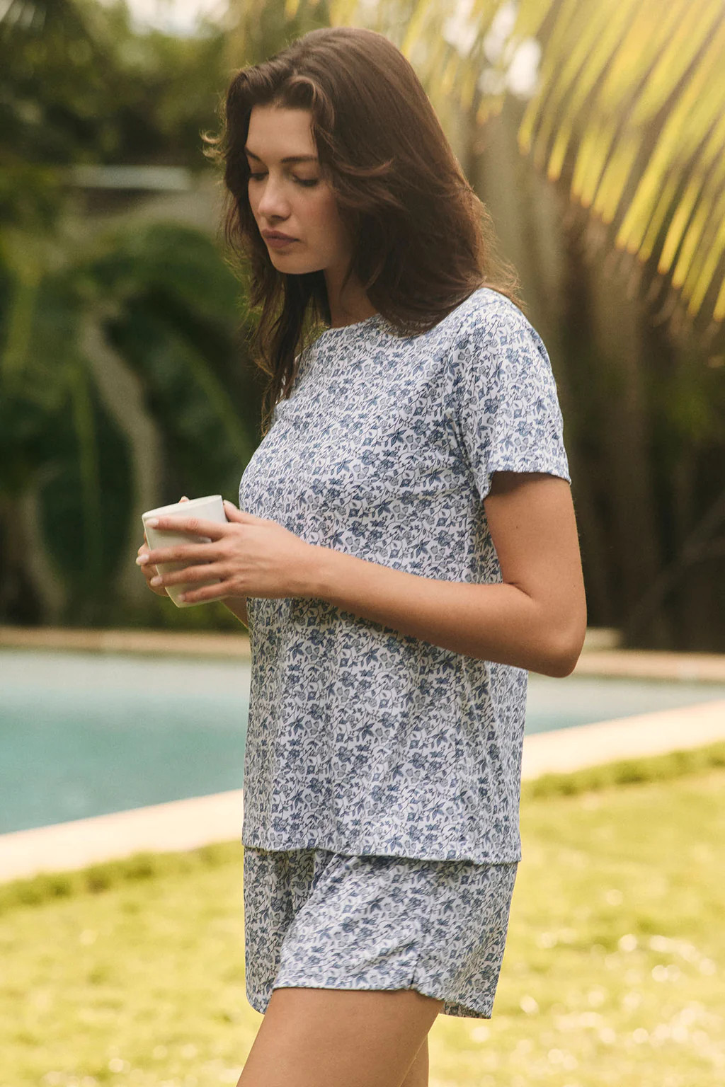 Pima Crew Shorts Set in Delft Blue Garden Floral | Lake Pajamas