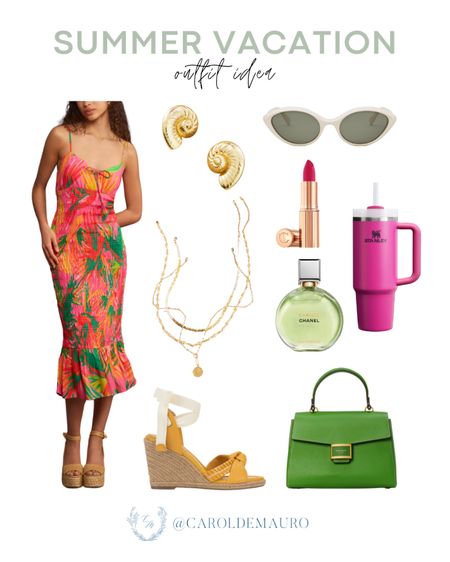 Shop this colorful sleeveless midi dress paired with espadrille wedges, a green purse, and more for your next summer vacation trip!
#summerfashion #petitefashion #outfitinspo #resortwear

#LTKSeasonal #LTKShoeCrush #LTKItBag