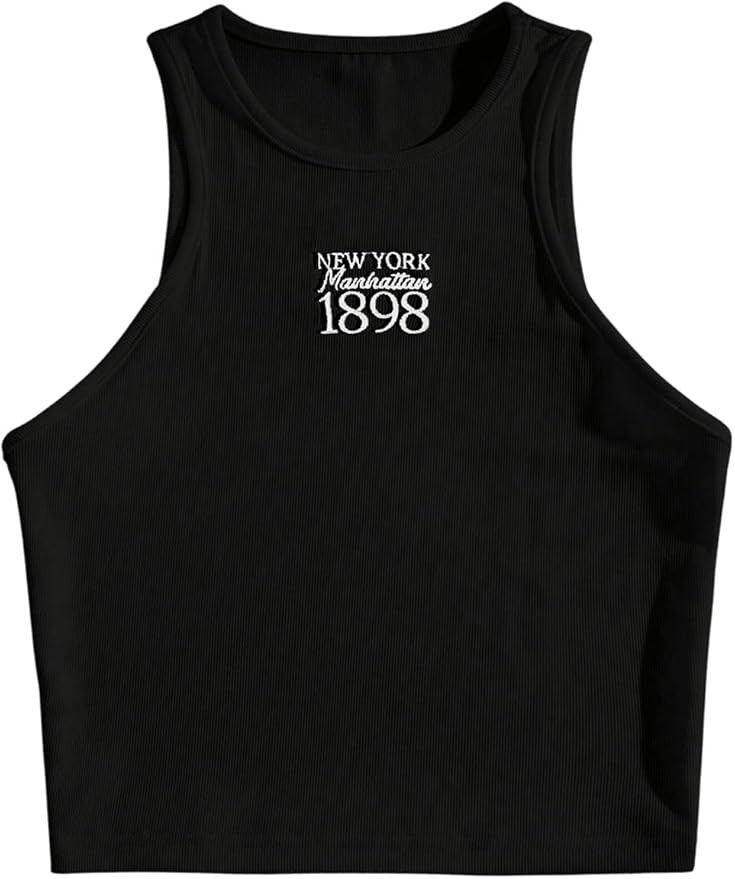 WDIRARA Women's Letter Embroidery Tank Top Graphic Vest Round Neck Sleeveless Rib Knit Crop Tops ... | Amazon (US)