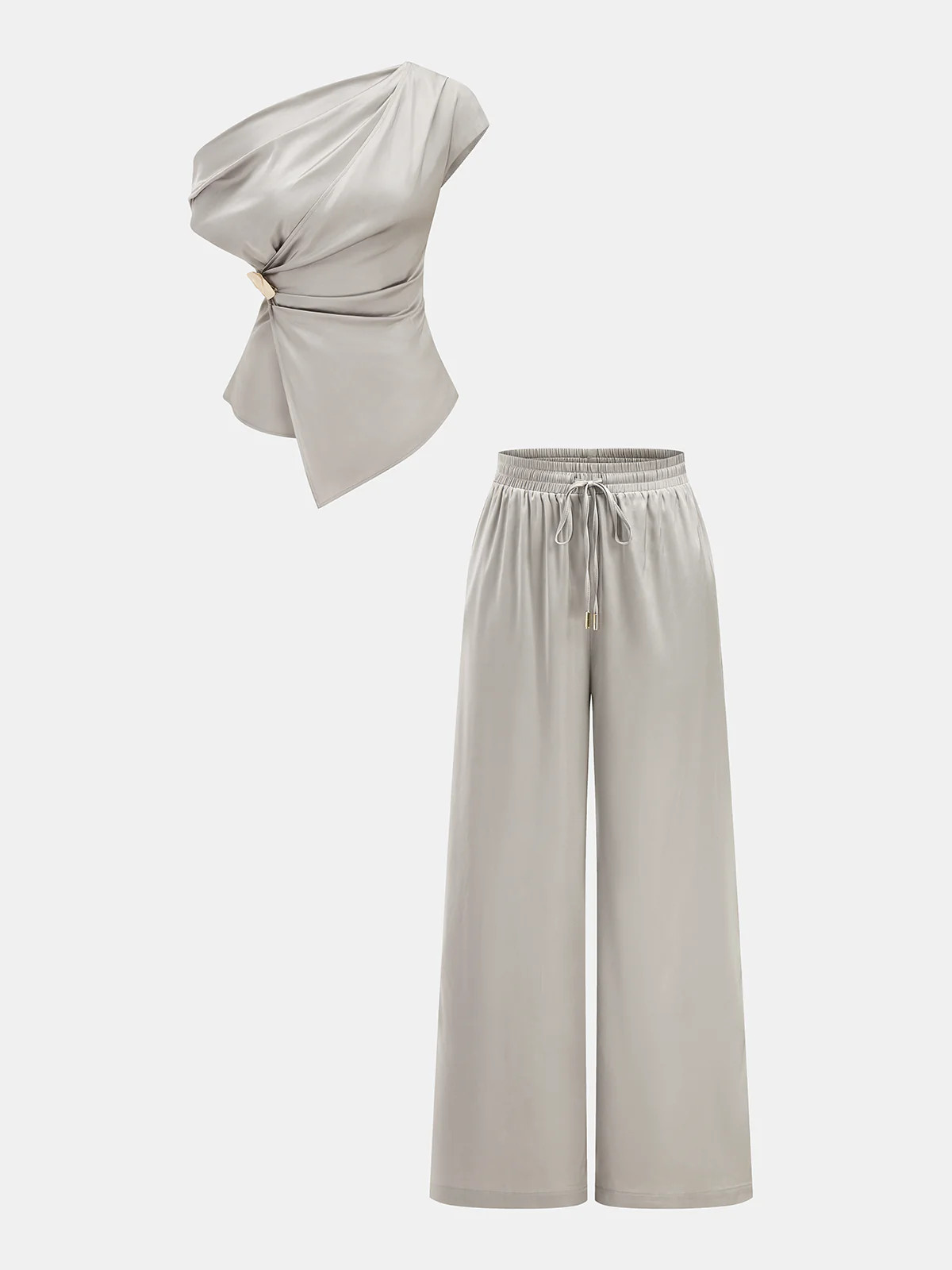 Satin One-Shoulder Top & Drawstring Pants Set | Commense