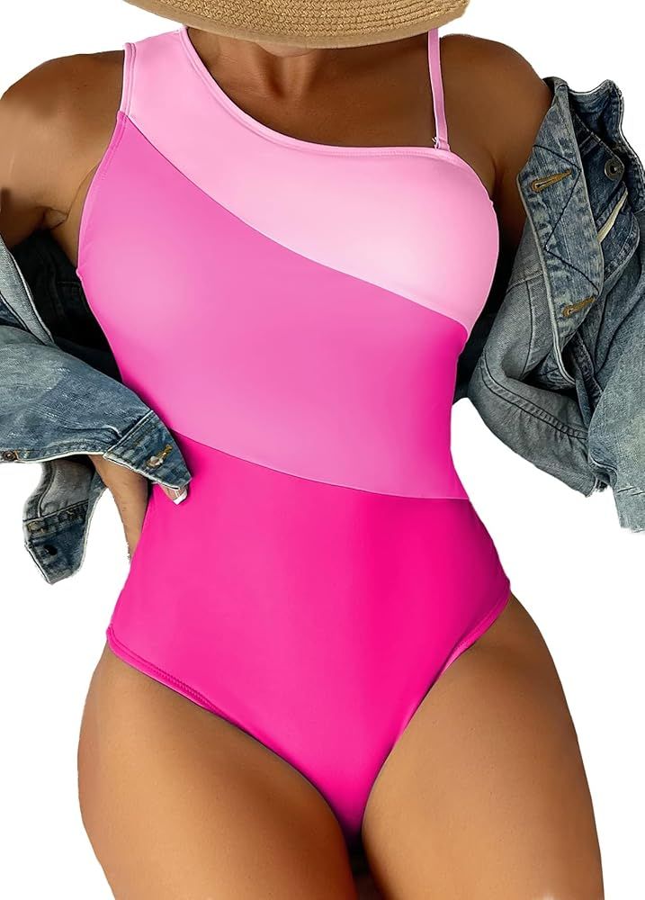 Women's Color Block One Shoulder 1 Piece Swimsuit with Removable Straps Cutout Back | Amazon (US)