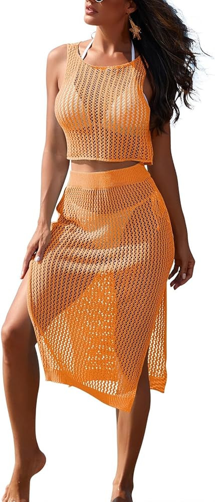 Sovoyontee Women's 2 Piece Crochet Swimsuits Coverup Hollow Out Knit Swim Cover up Bathing Suit S... | Amazon (US)
