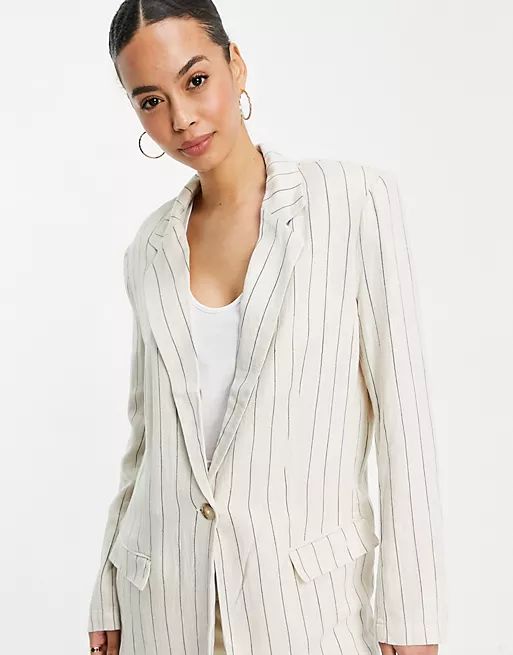 ASOS DESIGN Tall washed single breasted 3 piece linen suit blazer in stripe | ASOS (Global)