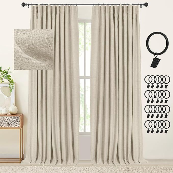 INOVADAY Blackout Curtains, 2-Panel Linen Textured 100% Thermal Insulated Room Darkening Sun Blocking Drapes for Bedroom, Nursery, Living Room + 20 Curtain Ring Clips - Natural Flax W50”xL120” | Amazon (US)