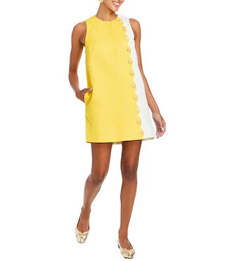 Etta Floral Swirl Tonal Jacquard Color Block Side Scallop Button Trim Mini Shift Dress | Dillard's