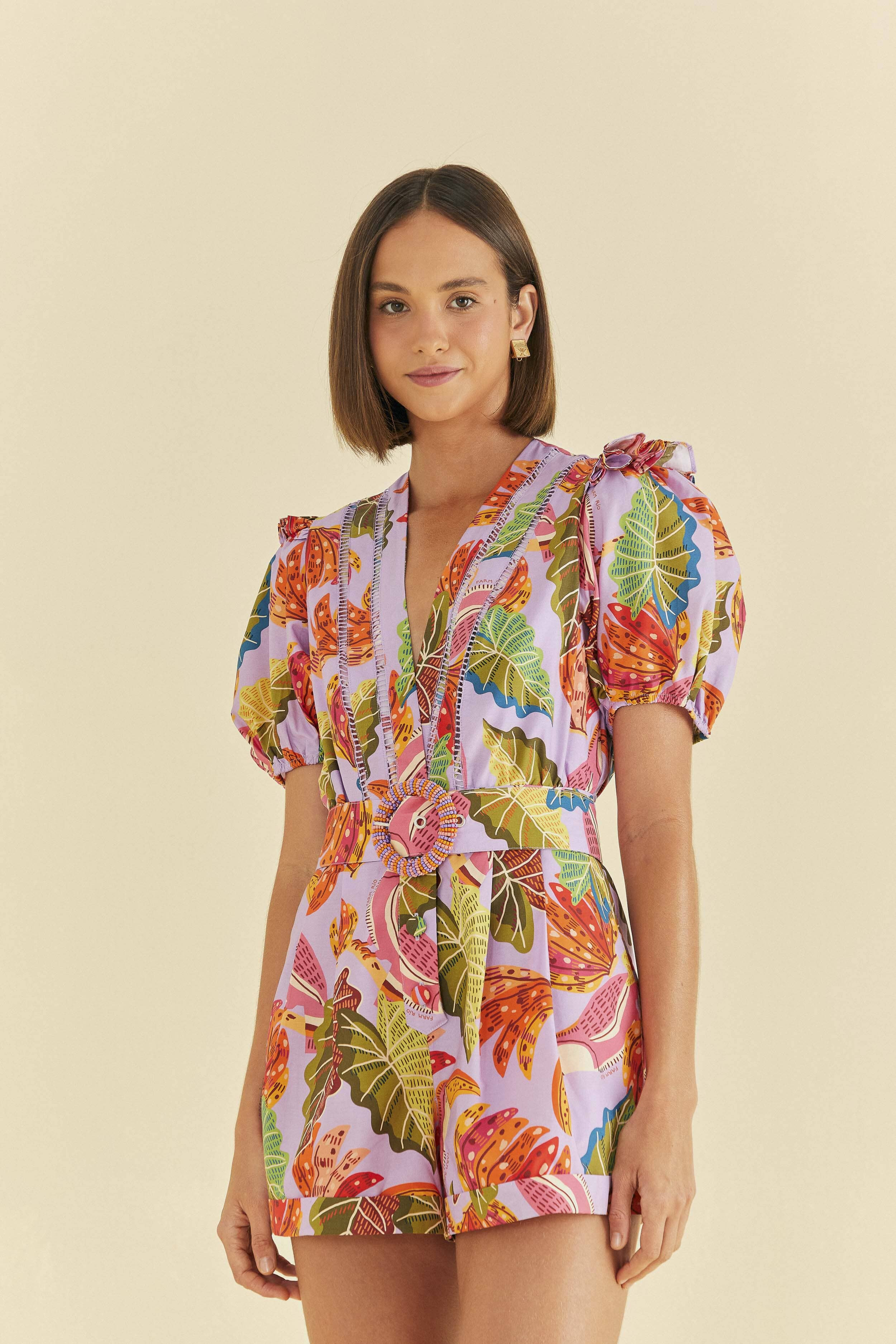 Lilac Romper | V neck | Beaks & Bananas Print | FarmRio (US)