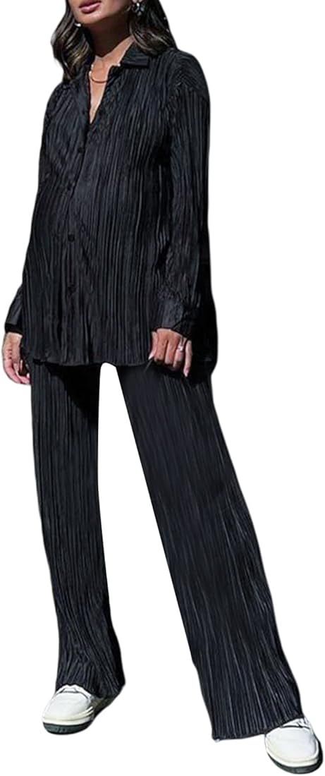 Women 2 Piece Plisse Set Outfit Long Sleeve Button Down Shirts High Waist Long Pants Pleated Casu... | Amazon (US)
