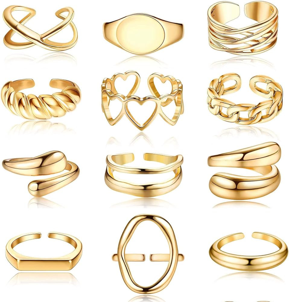 JeryWe 12Pcs 18K Gold Plated Stackable Rings for Women Adjustable Open Rings Set Bohemian Knuckle Rings for Teen Girls Fashion Chunky Statement Rings on Thumb and Knuckle in Sizes 6-9 | Amazon (UK)