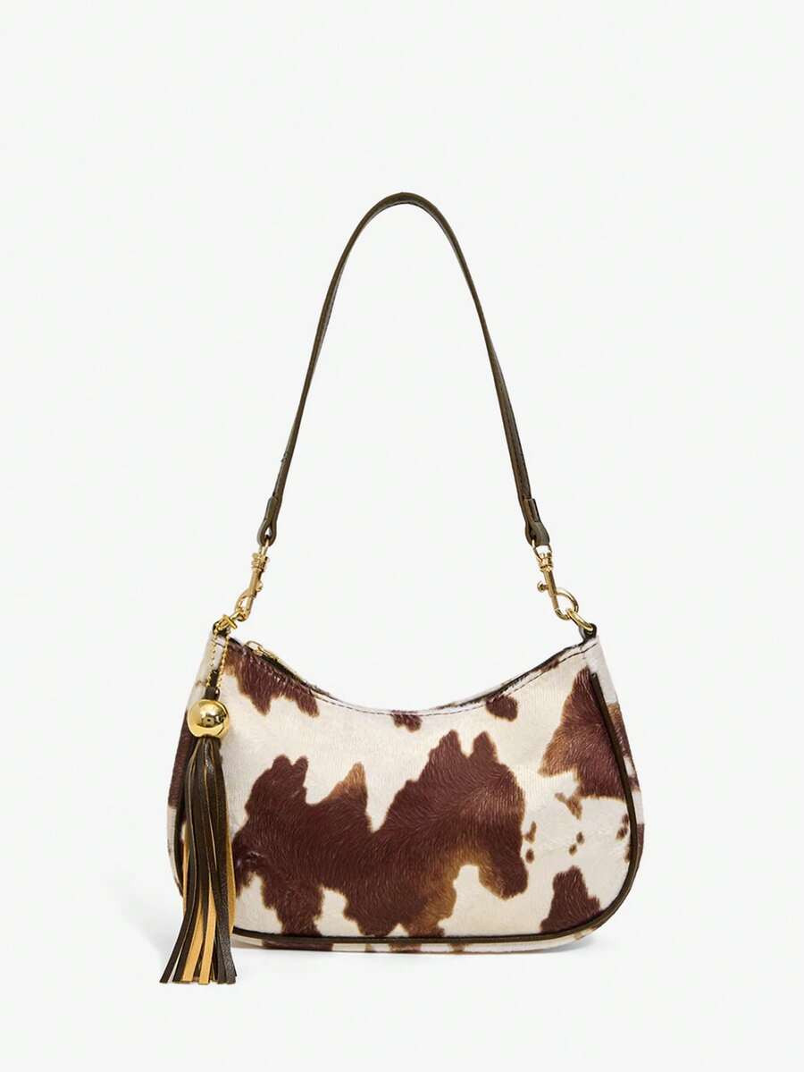 SHEIN SXY Ladies, Women Shoulder Bag, Hobo Bag, Cow Print, Animal Print, Tassel Decorative Pendan... | SHEIN
