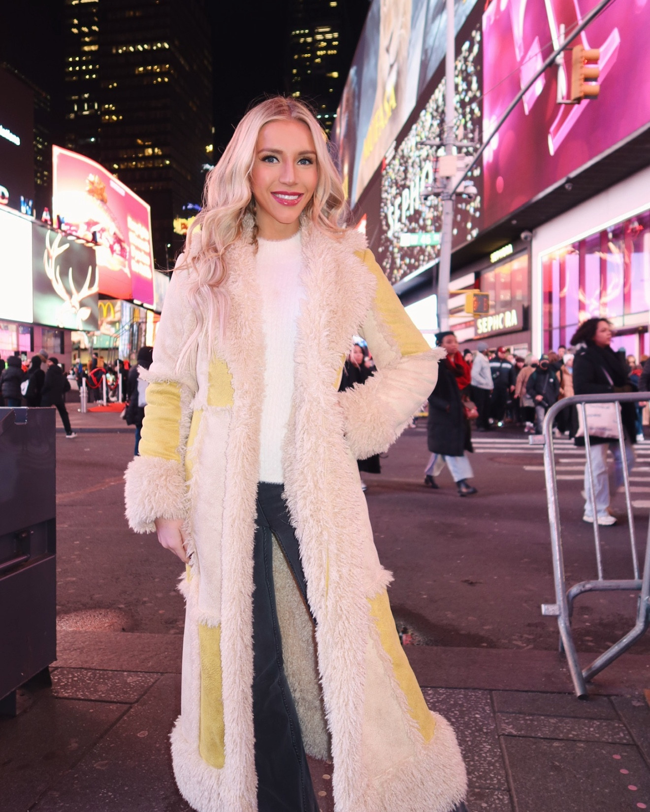 NYC Broadway look / Yellow and white checkered coat / white sweater / black bell bottom jeans/snakeskin booties 

#LTKSeasonal #LTKTravel #LTKHoliday