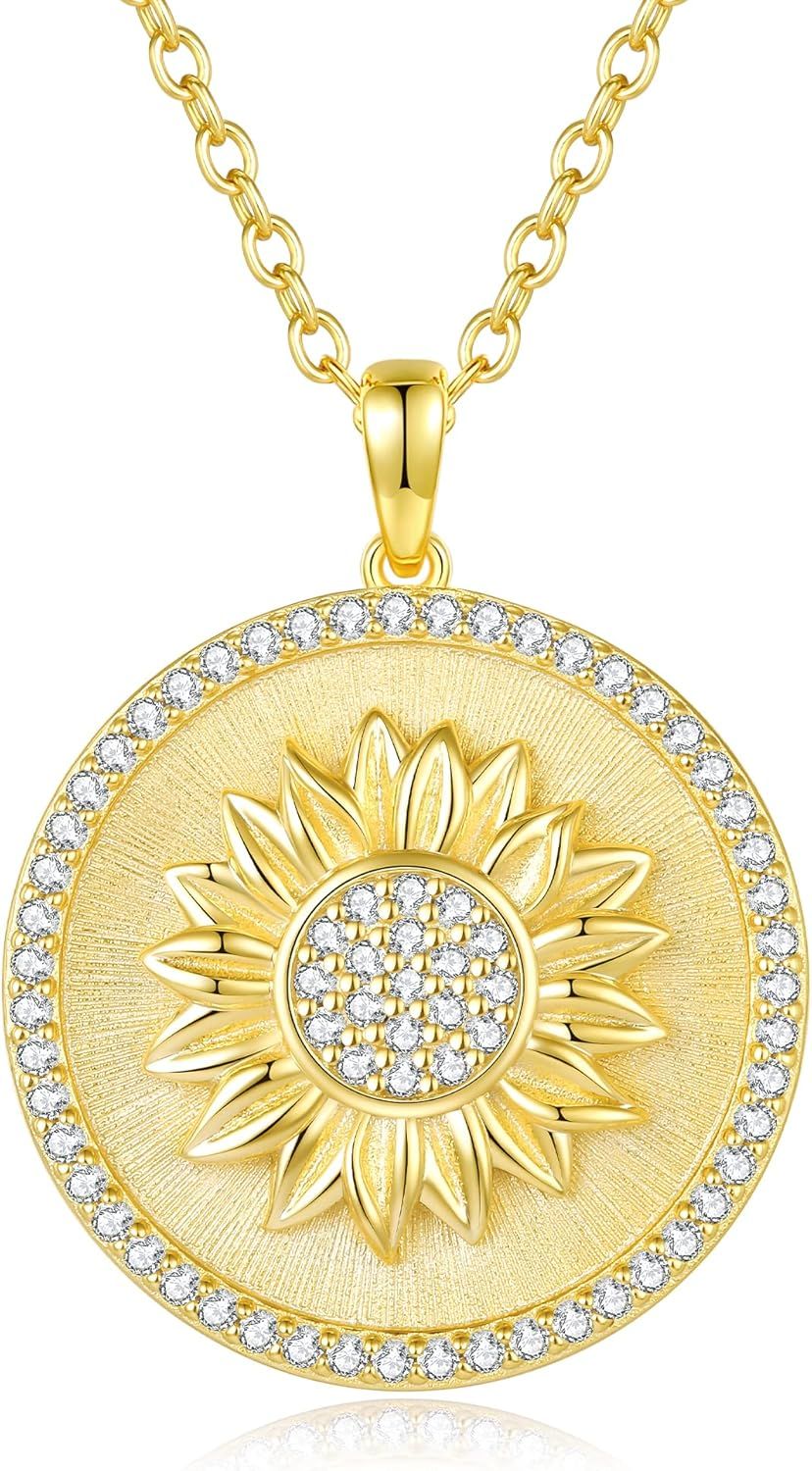 CDE Sunflower Coin Necklaces for Women with 925 Sterling Silver Cubic Zirconia Gold Plated Pendan... | Amazon (US)
