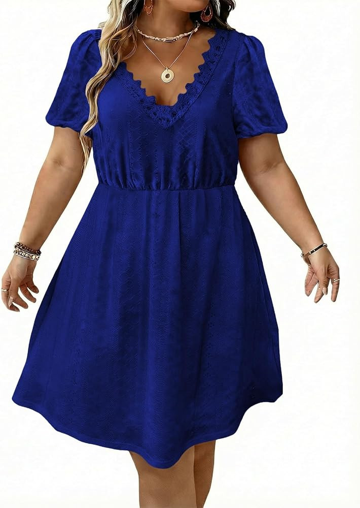 Eytino Plus Size Dresses for Curvy Women Summer Short Sleeve Lace V Neck Knitted Jacquard Swing A... | Amazon (US)