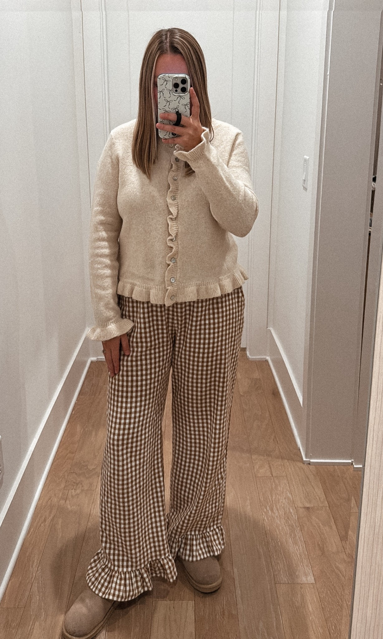 Cream ruffle trim cardigan outfit — cozy thanksgiving lounge outfit, neutral fall + winter style. Elevated SAHM outfit with a ruffle cardigan paired with brown gingham pajama pants / lounge pants. Neutral loungewear outfit, comfy home outfit, affordable pajama set, matching set aesthetic.

*actual cardigan is Cynthia rowley brand purchased from Marshall’s 

#LTKootd #LTKmomlife