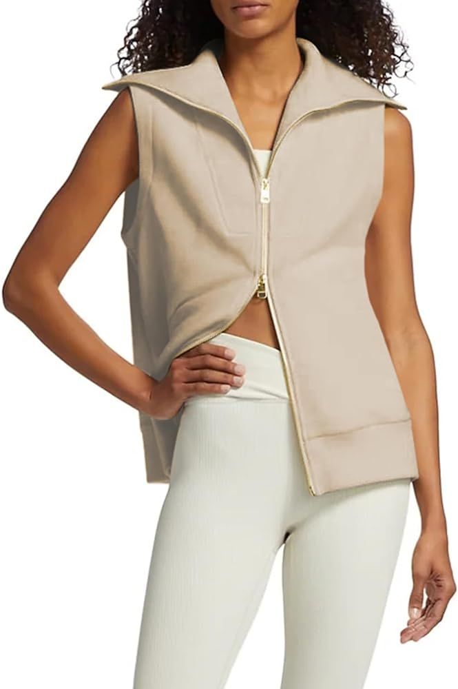 Women's Ribbed Full Zip Lapel Collar Sleeveless Sweatshirt Sweater Vest Fall Casual Top | Amazon (US)