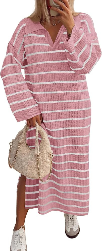 MEROKEETY Women's 2024 Long Sleeve Striped Sweater Dress V Neck Collared Slit Casual Knit Maxi Dr... | Amazon (US)