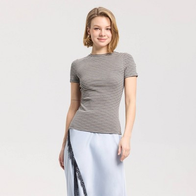 Women's Short Sleeve Knit T-Shirt - A New Day™ Gray Striped XL | Target