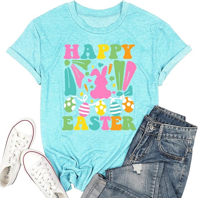 Easter Shirts for Women Happy Bunny Shirt Easter Eggs Printed Tshirt Floral Rabbit Holiday Graphi... | Amazon (US)