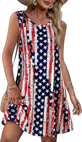 elescat American Flag Womens Summer Dresses 4th of July Beach Causal Sleeveless Pockets Loose Tan... | Amazon (US)