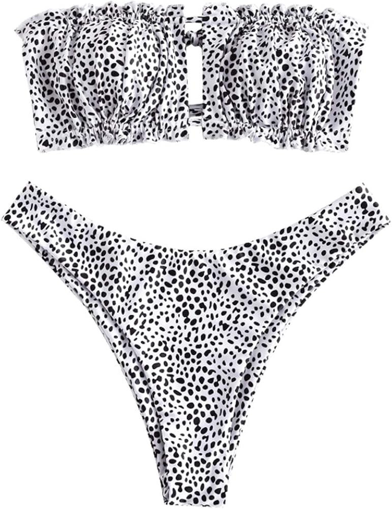 ZAFUL Women's Strapless Ribbed Tie Back Ruffle Cutout Bandeau Bikini Set Swimsuit | Amazon (US)