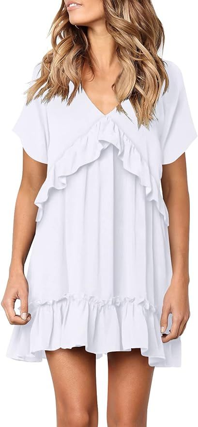 Cosonsen Women's Summer Dresses V-Neck Short Sleeve Ruffle Floral Swing Short Dress | Amazon (US)