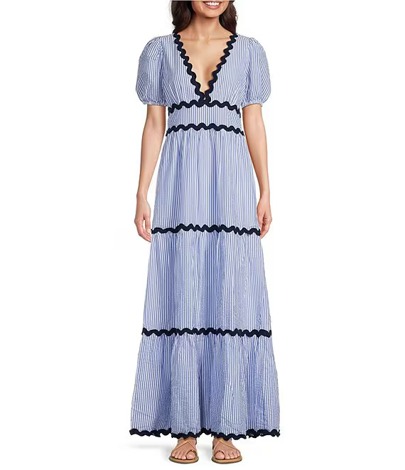 SAIL to SABLE x Style Charade Seersucker V-Neck Short Puff Sleeve Scallop Trim Maxi A-Line Dress ... | Dillard's