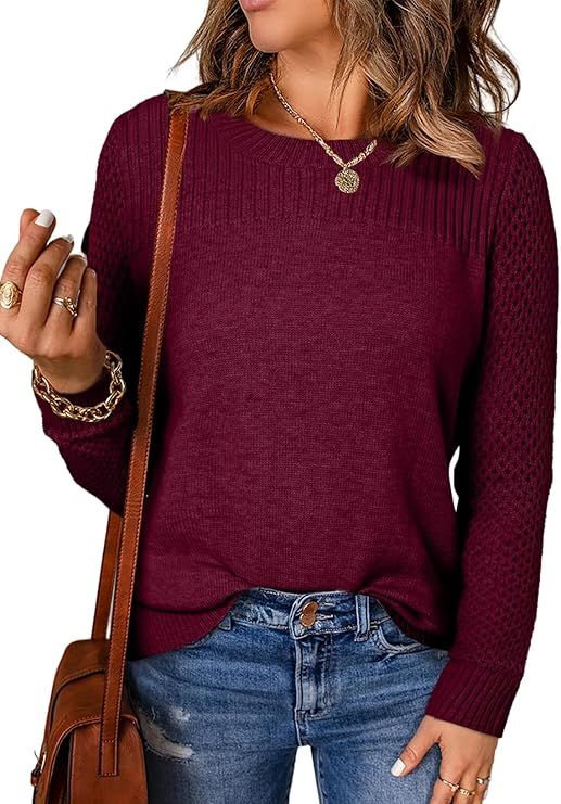 EVALESS Womens Sweaters Casual Long Sleeve Crewneck Cable Knit Lightweight Oversized Crochet Swea... | Amazon (US)