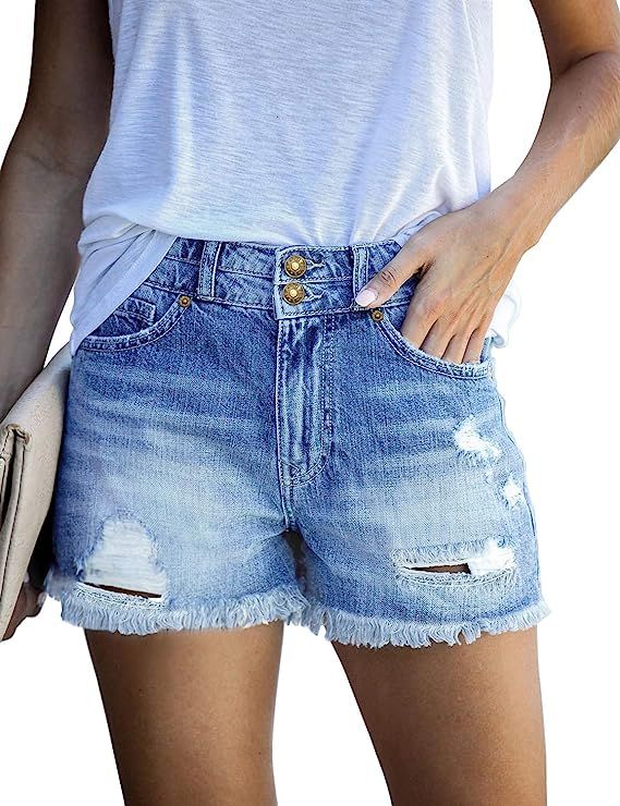 luvamia Women's Casual Denim Shorts Frayed Raw Hem Ripped Jeans Shorts | Amazon (US)