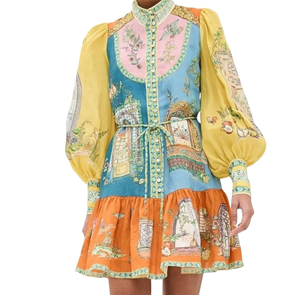 Women's Printing Dresses Casual Spring Short Skirt Mid Length Sleeves Ruffle Hem Puff Sleeve Beac... | Amazon (US)