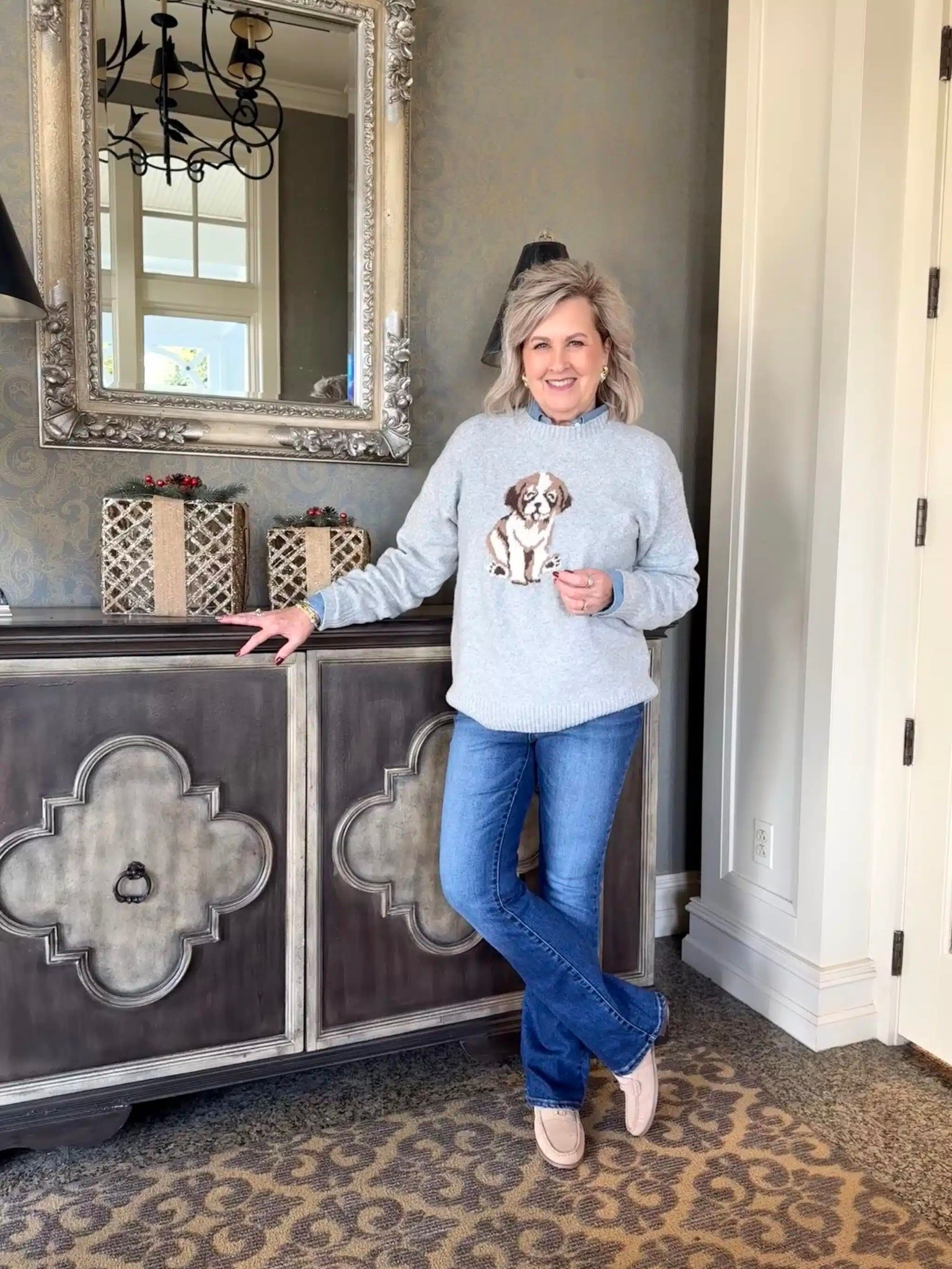 A great everyday outfit with a fun, dog themed sweater! My sweater is a size medium, denim shirt size medium and jeans are size 8. 

#LTKHoliday #LTKGiftGuide #LTKSeasonal