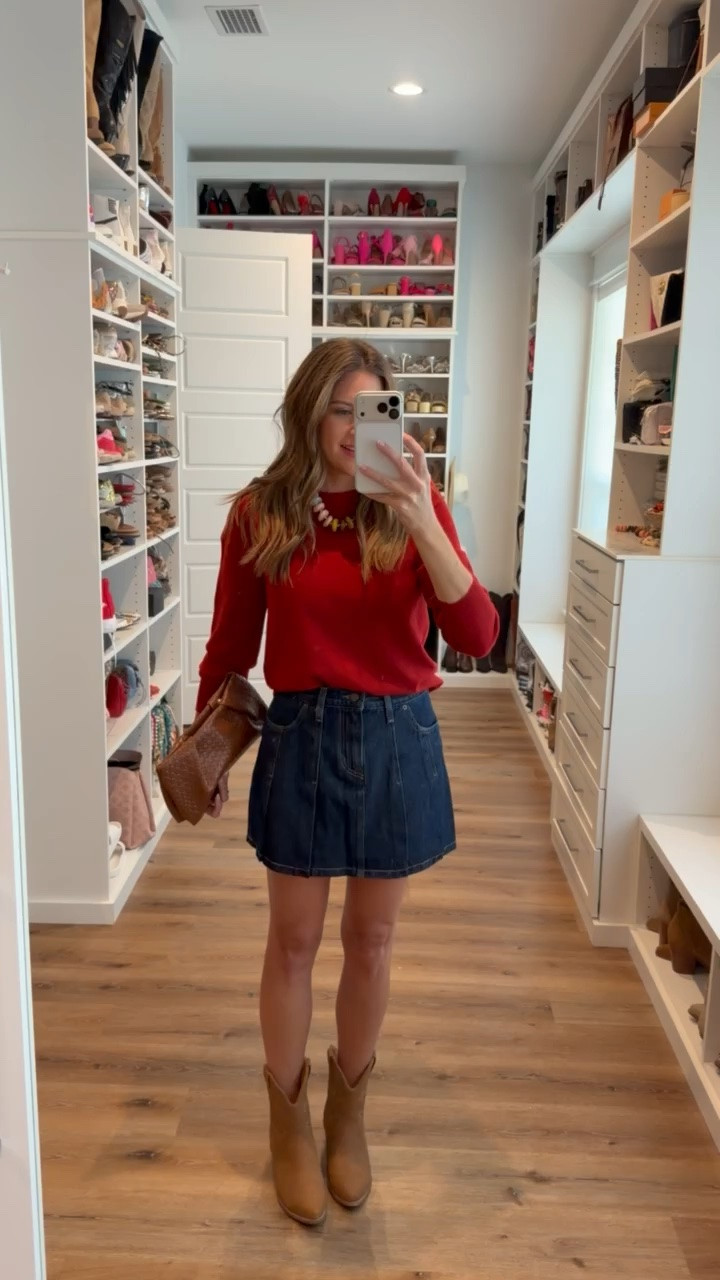 In a small top, size 26 skirt, necklace, boots, clutch and accessories - fits tts.

#LTKootd #LTKgrwm #LTKSeasonal