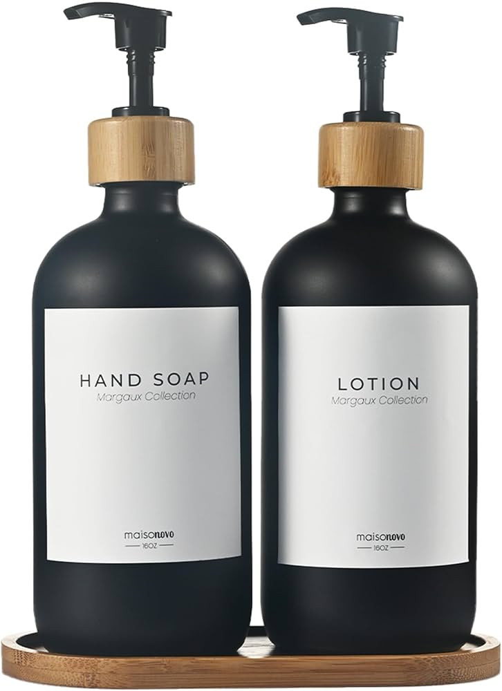 MaisoNovo Black Glass Soap Dispenser with Pump and Bamboo Tray - Kitchen Soap Dispenser Set - Han... | Amazon (US)