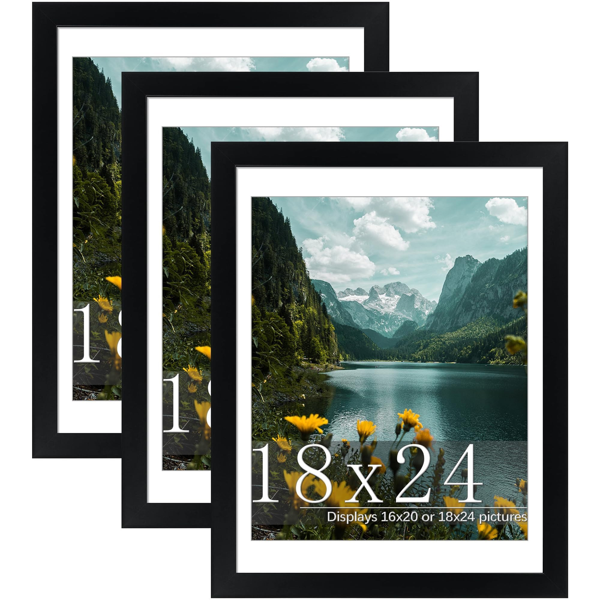 Picrit 18x24 Picture Frame 3 Pack, Black Poster Frame, Display Poster 16 x 20 with Mat or 18 x 24... | Amazon (US)