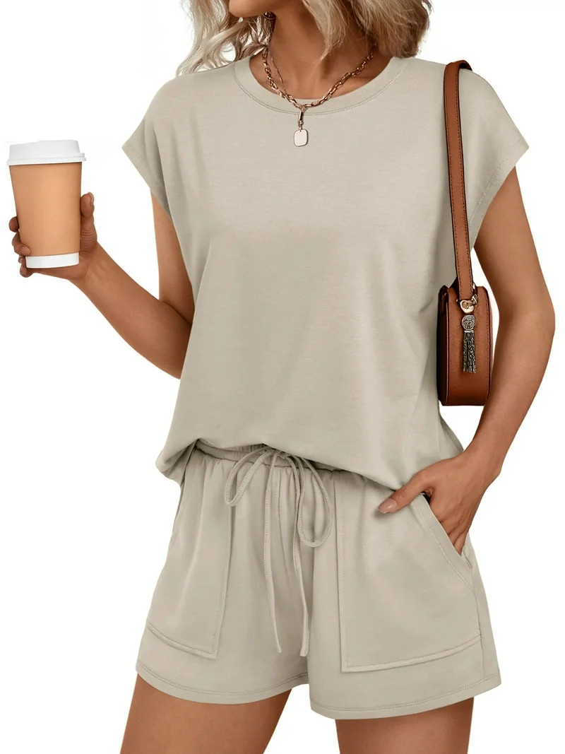 SUNBS Lounge Sets for Women Two Piece Outfits Sweatsuit Crew Neck Short Sets Cap Sleeve Drawstrin... | Walmart (US)