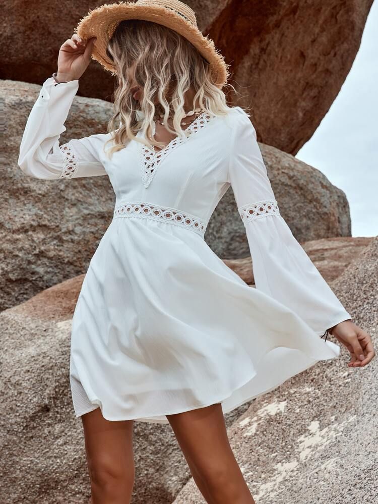 Solid Eyelet Embroidery Insert Dress | SHEIN